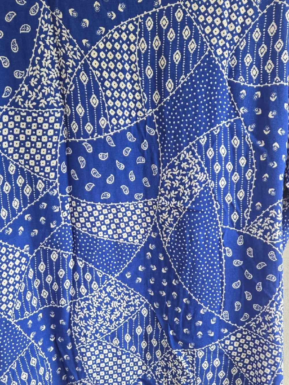 Adolfo Blue Patchwork Print Short Sleeve Button-Down with White Placket - Picture 12 of 13